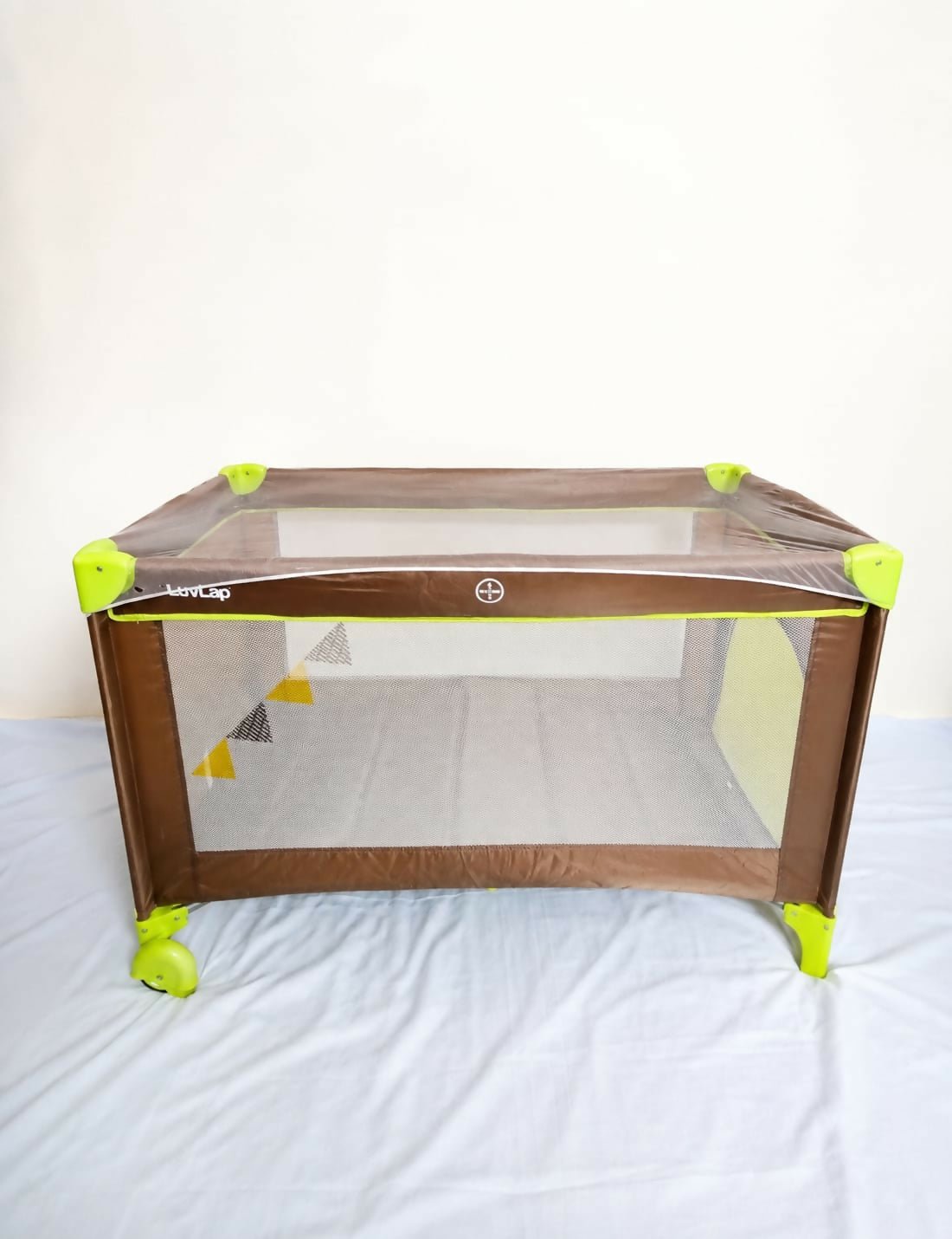 LUVLAP Sunshine Baby Playpen Travel Cot Foldable with Mosquito Net featuring a foldable design, breathable mesh sides, secure frame, zip entry, comfortable sleeping space, and protective mosquito net for babies.