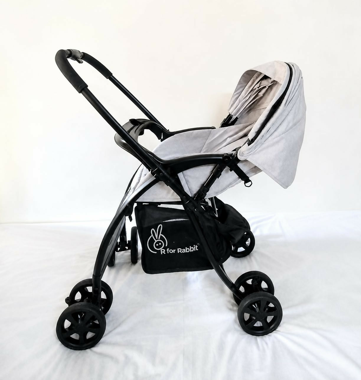 R FOR RABBIT Sugar Pop Baby Stroller/Pram in Grey, available in Chennai, Tamil Nadu, featuring a reversible handle, reclining seat, protective canopy, safety harness, and practical design for everyday outings.