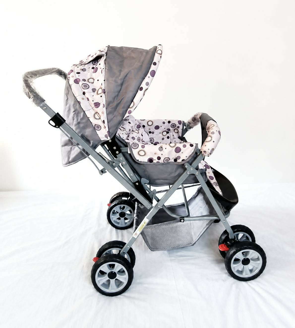 HAPPY KID Baby Stroller/Pram in Grey, Pink & Purple, Almost New condition, featuring a reclining seat, protective canopy, comfortable seating, and foldable design for convenient everyday walks, travel, and outings.