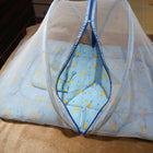 BABYHUG Mosquito Mattress Set in Sky Blue featuring a comfortable baby mattress with protective mosquito net, creating a cozy and practical sleeping setup for everyday rest at home.