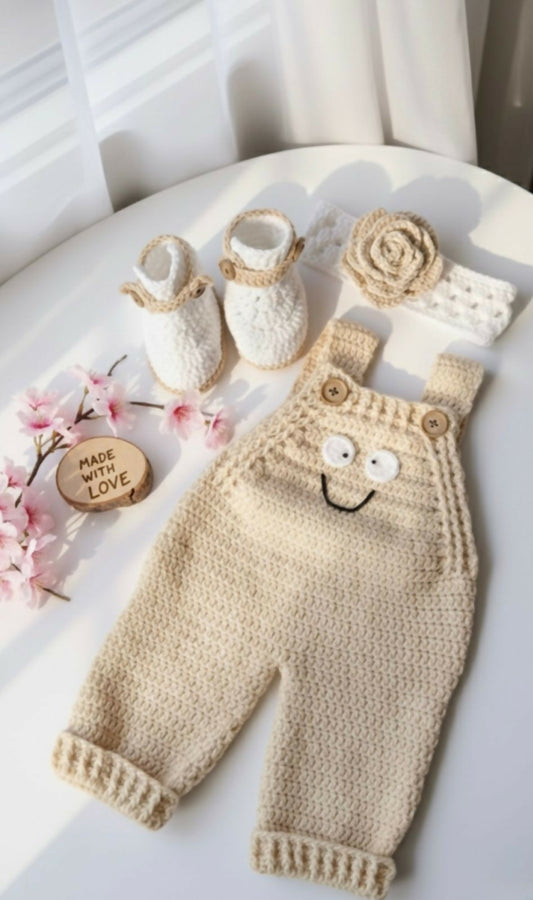Knitted baby overalls with matching booties and headband 