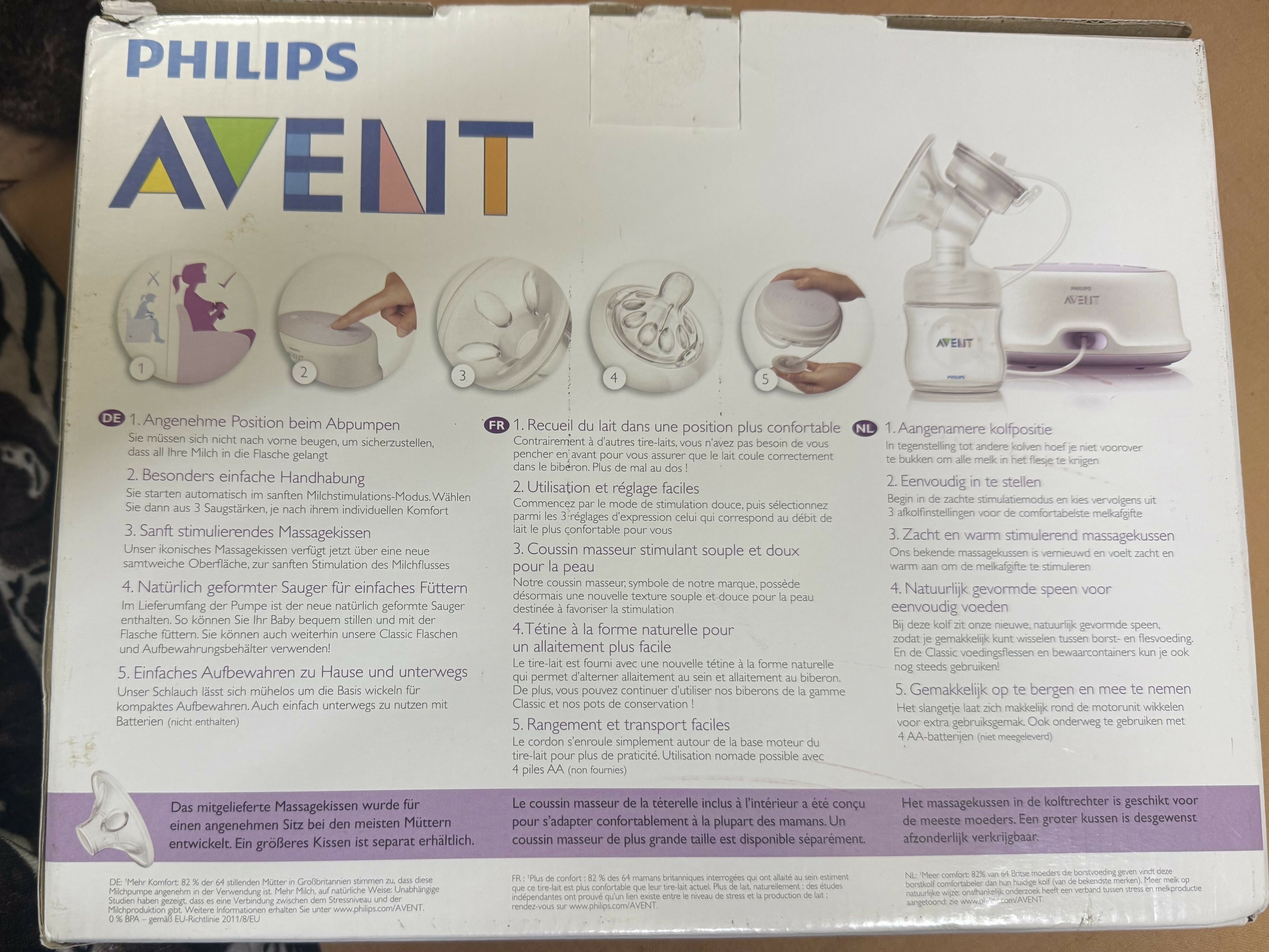 Philips Avent Electric Comfort Breast Pump with adjustable suction levels, soft silicone cushion, compact design, and quiet operation for comfortable and efficient breast milk expression.