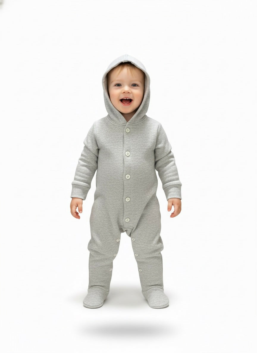 Baby wearing a gray onesie with a hood 