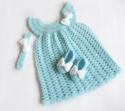 Crochet baby girl frock, headband and shoes set