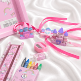 iLearnNGrow Unicorn Theme Stationery Rakhi Combo featuring a colorful unicorn pencil box set with a charming castle Rakhi, combining useful school stationery with festive Raksha Bandhan fun for kids.
