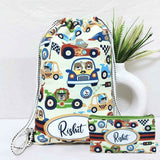 Drawstring bag and pouch with car pattern and 'Rishit' branding on a white background