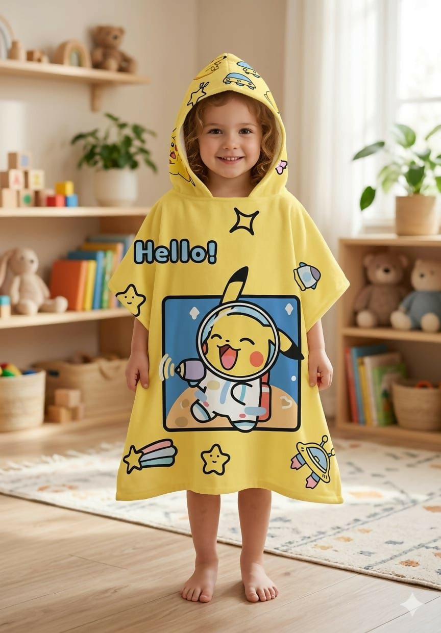 Character cotton bathrobe for kids made from soft, absorbent cotton with a fun character design, attached hood, and comfortable fit for bath time, swimming, and everyday use.
