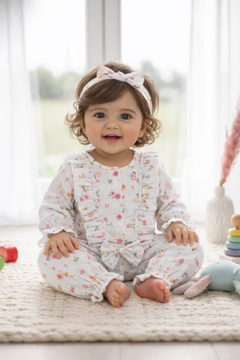 TINY TIGGY Floral 100% Cotton Baby Girl Romper with Headband Set