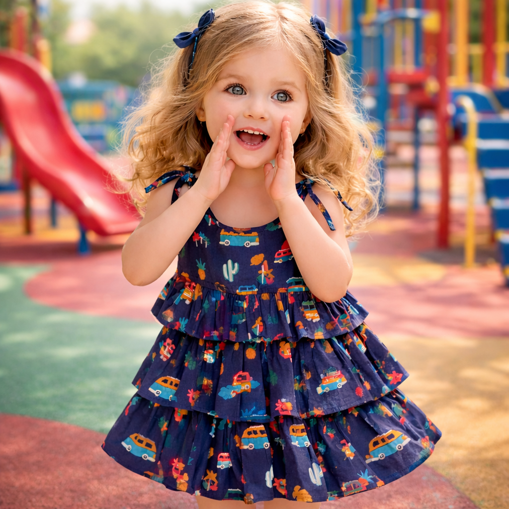 Tiny Tiggy Pure Cotton Baby Girl Cotton Printed Frock | Sleeveless Tiered Summer Dress