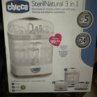 Chicco baby bottle sterilizer with steam sterilization, spacious capacity, easy operation, and hygienic cleaning for feeding bottles, nipples, pacifiers, and baby accessories.