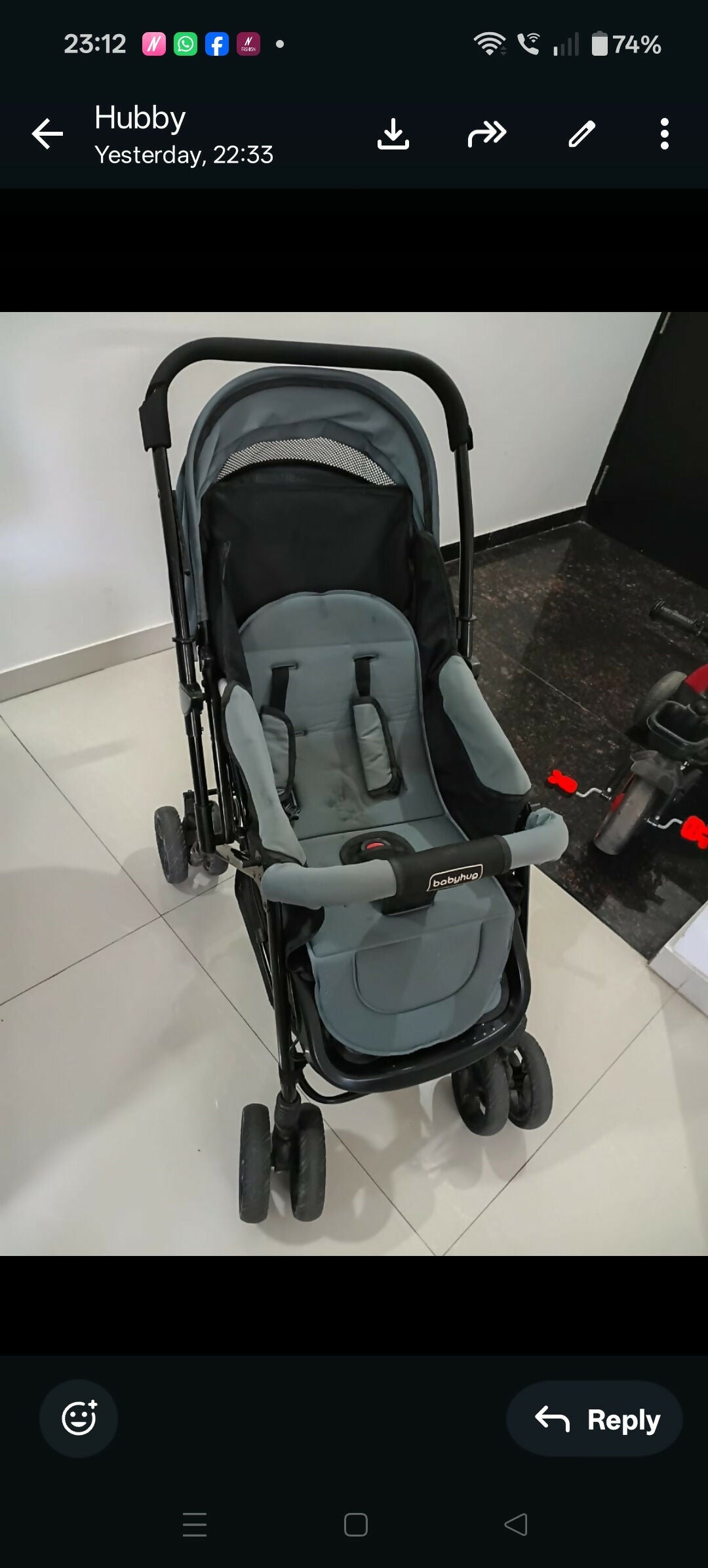 Babyhug Symphony stroller with reclining seat, smooth wheels, safety harness, adjustable canopy, and comfortable travel design for babies and toddlers.