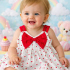 Baby in a polka dot dress with a red bow sitting on a colorful background 