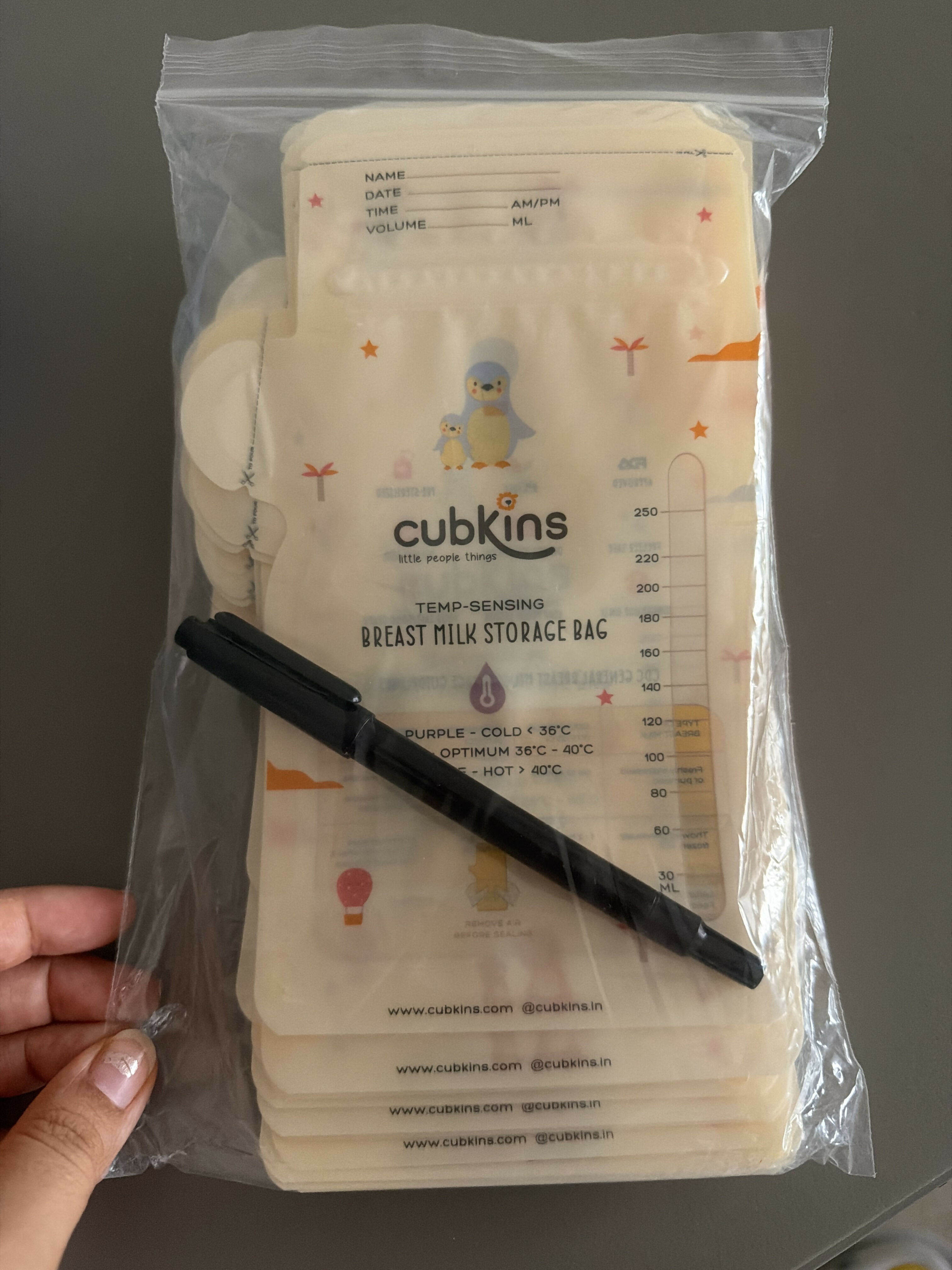 Cubkins breast milk storage bags with leak-proof double zipper closure, pre-sterilized BPA-free material, and a secure design for storing, freezing, and organizing expressed breast milk.