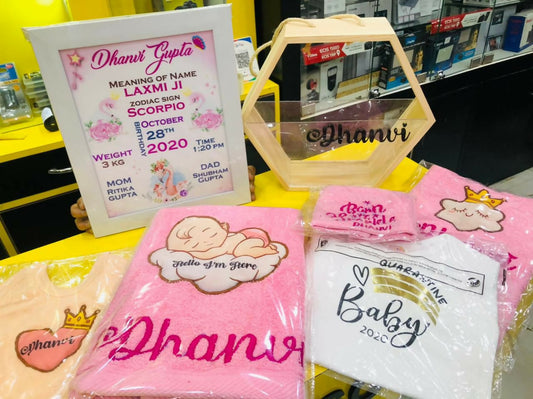 Personalised Newborn Baby Hamper with cute baby essentials and customised details.