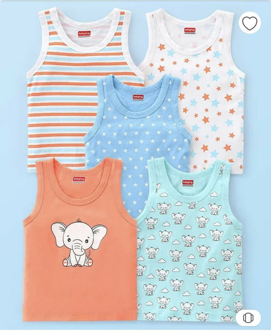 BABYHUG 100% Cotton Sleeveless Sandos With Elephant And Star Print Pack Of 5