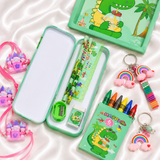 iLearnNGrow Dino Theme Stationery Rakhi Combo featuring a fun dinosaur pencil box set with a matching Dino Rakhi, combining useful stationery and festive fun for kids this Raksha Bandhan.