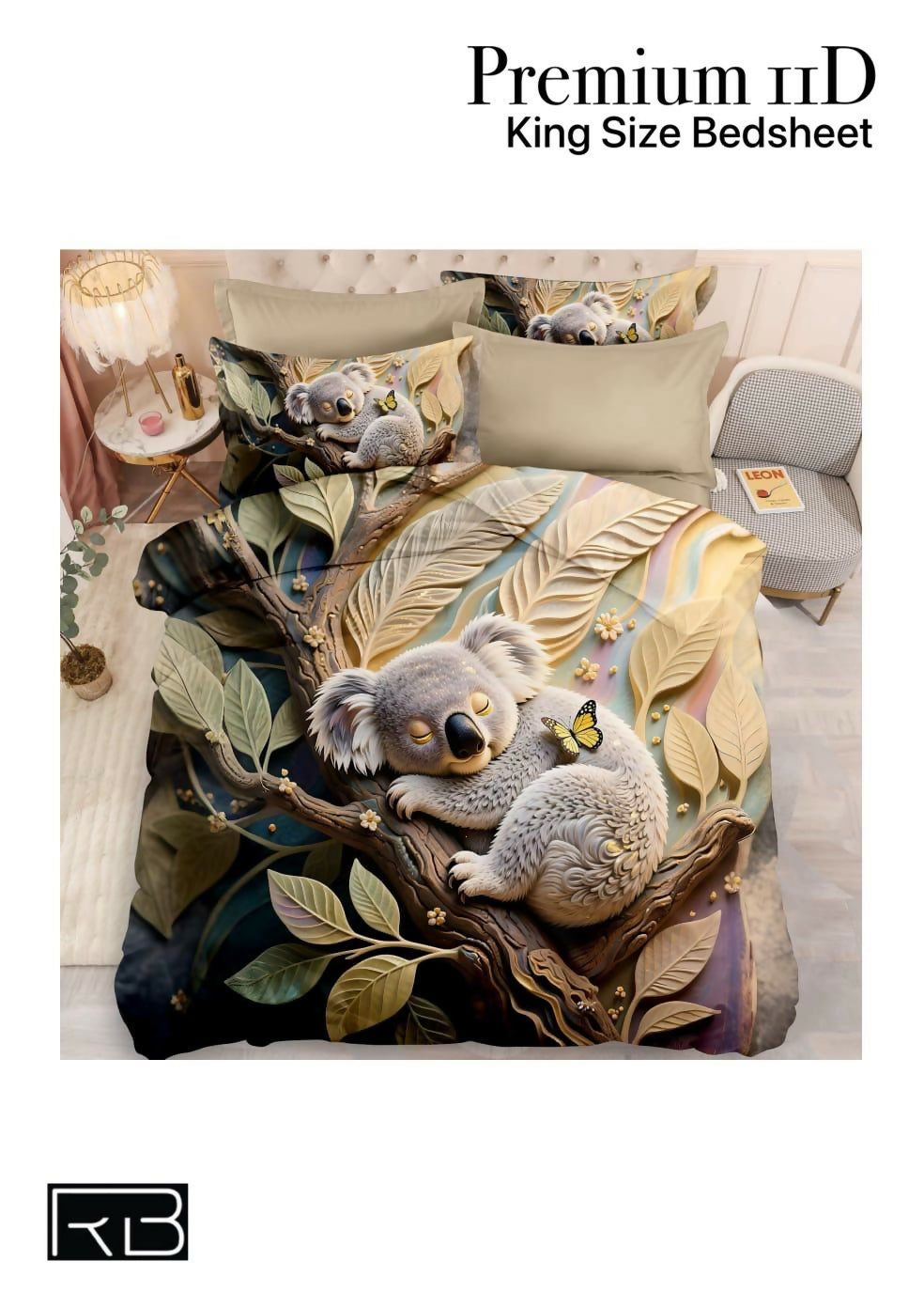 King size bedsheet with koala design on a bed with pillows and blanket.