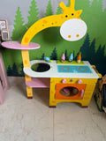 EDUSPARK Giraffe Wooden Kitchen Set with child-safe wooden accessories, colorful giraffe-themed design, interactive pretend play pieces, and durable construction to encourage creativity and imaginative role play.