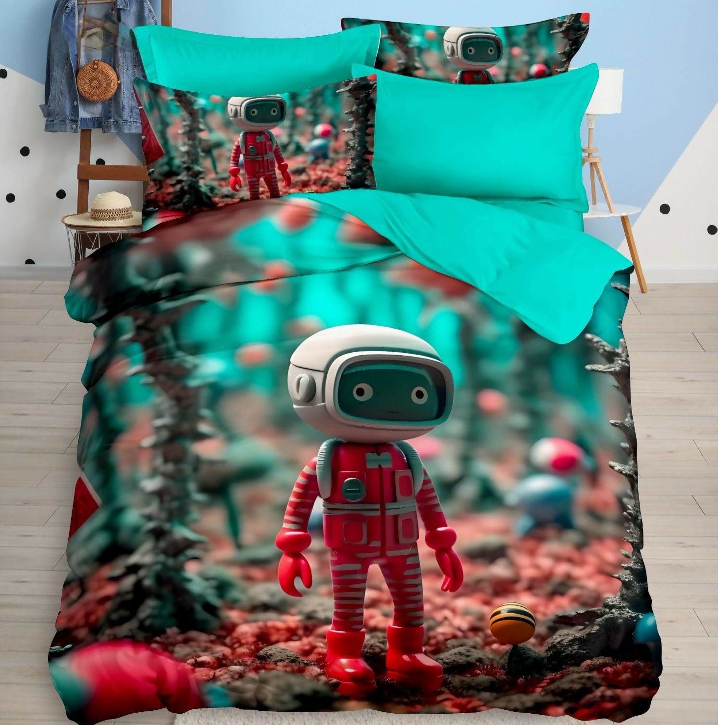 Bedding set with astronaut design featuring a toy astronaut figure 