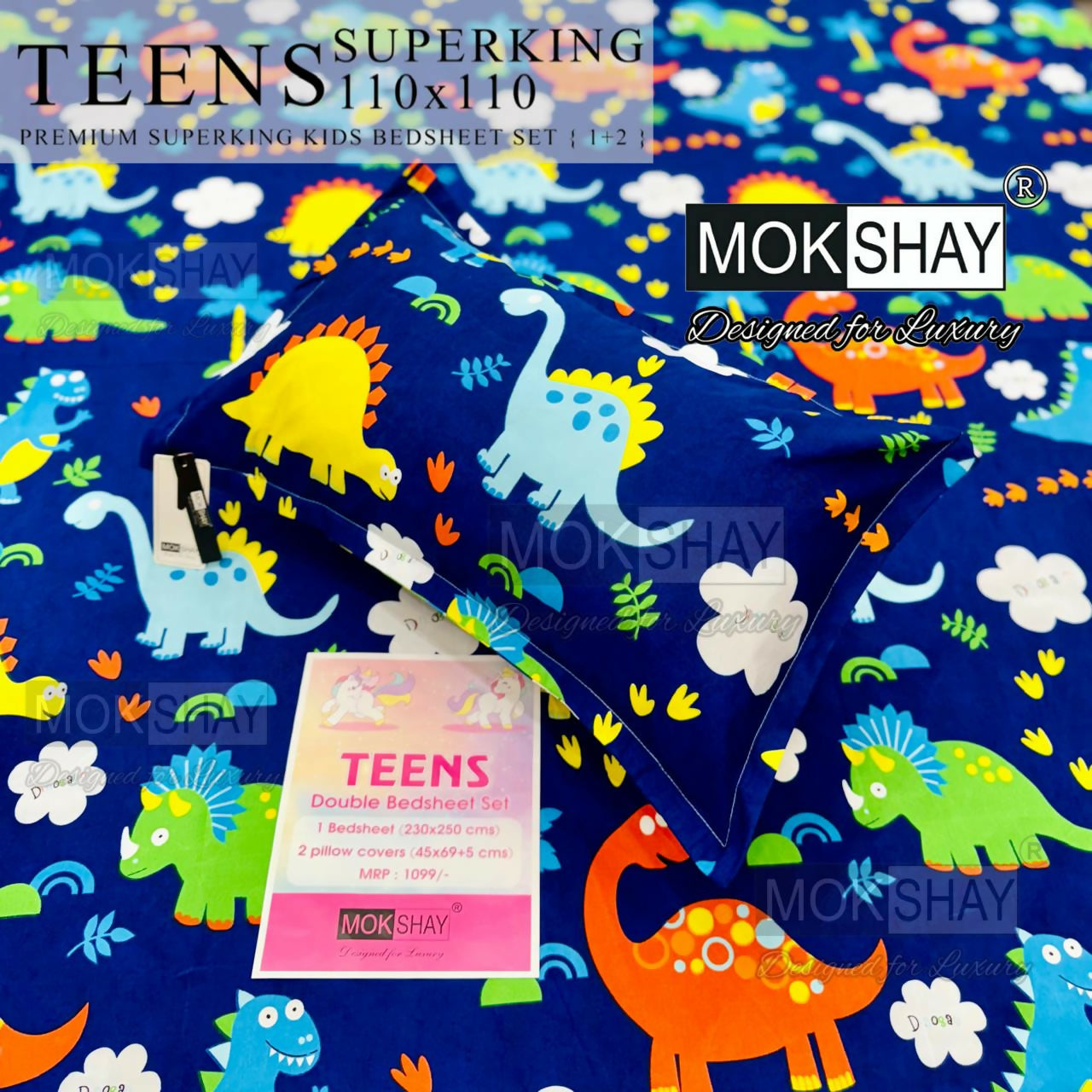 Mokshay Teens dinosaur-themed bedsheet set with packaging on a blue background