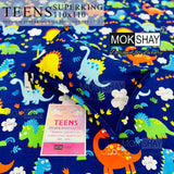Mokshay Teens dinosaur-themed bedsheet set with packaging on a blue background