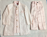 Elegant Cream & Pink Traditional Party Wear Set for 1-year-old baby boy featuring a festive ethnic design, comfortable fabric, stylish detailing, and coordinated pieces for weddings, birthdays, and celebrations.