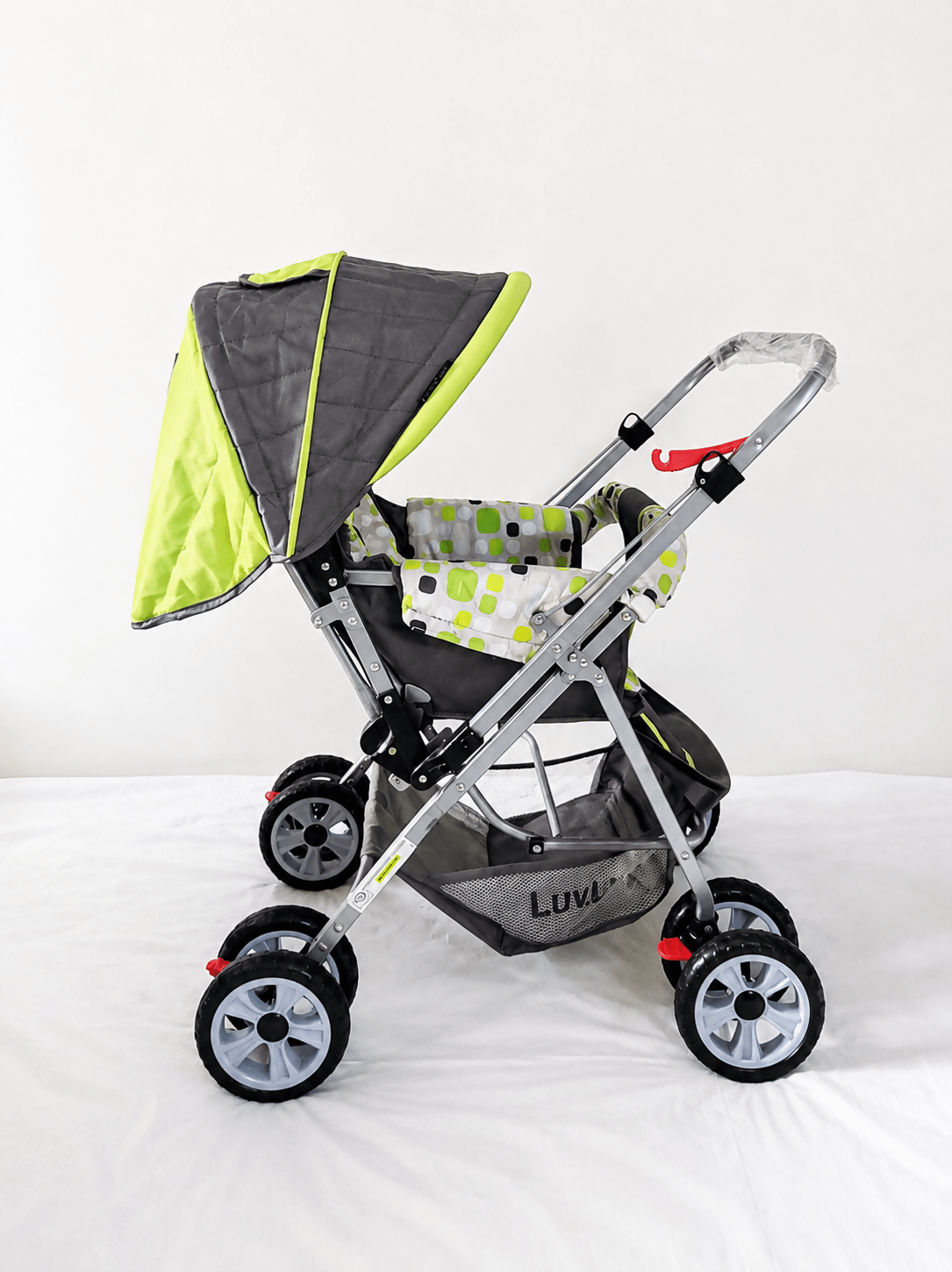 LuvLap reversible handle baby stroller with foldable travel pram design, reclining seat, adjustable canopy, 5-point safety harness, smooth wheels, and spacious storage basket for newborns and toddlers.