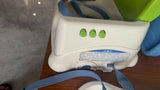 FISHER-PRICE Healthy Care Deluxe Booster Seat in Green & Blue, Almost New condition, featuring a feeding tray, supportive seat, adjustable straps and compact portable design for convenient mealtimes at home or while travelling.