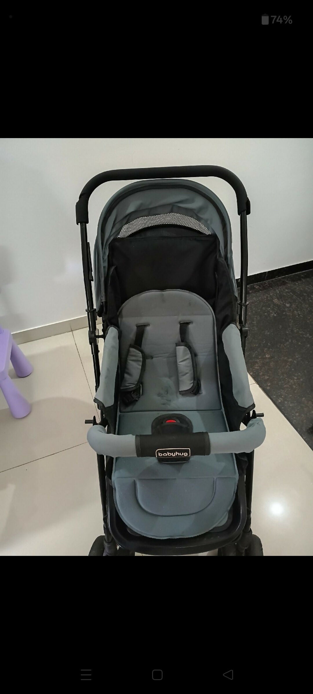 Babyhug Symphony stroller with reclining seat, smooth wheels, safety harness, adjustable canopy, and comfortable travel design for babies and toddlers.