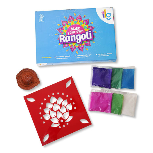 Elevate your festive celebrations with our DIY Rangoli Kit, a delightful set designed to add a touch of artistry and tradition to your home. This kit includes everything you need to create a beautiful rangoli, including a traditional stencil, six vibrant rangoli colors, and a charming diya.