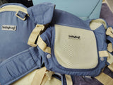 BABYHUG Adore 5-in-1 hip seat baby carrier with ergonomic design, detachable hip seat, multiple carrying positions, padded shoulder straps, adjustable waist belt, and secure buckles for comfortable babywearing.