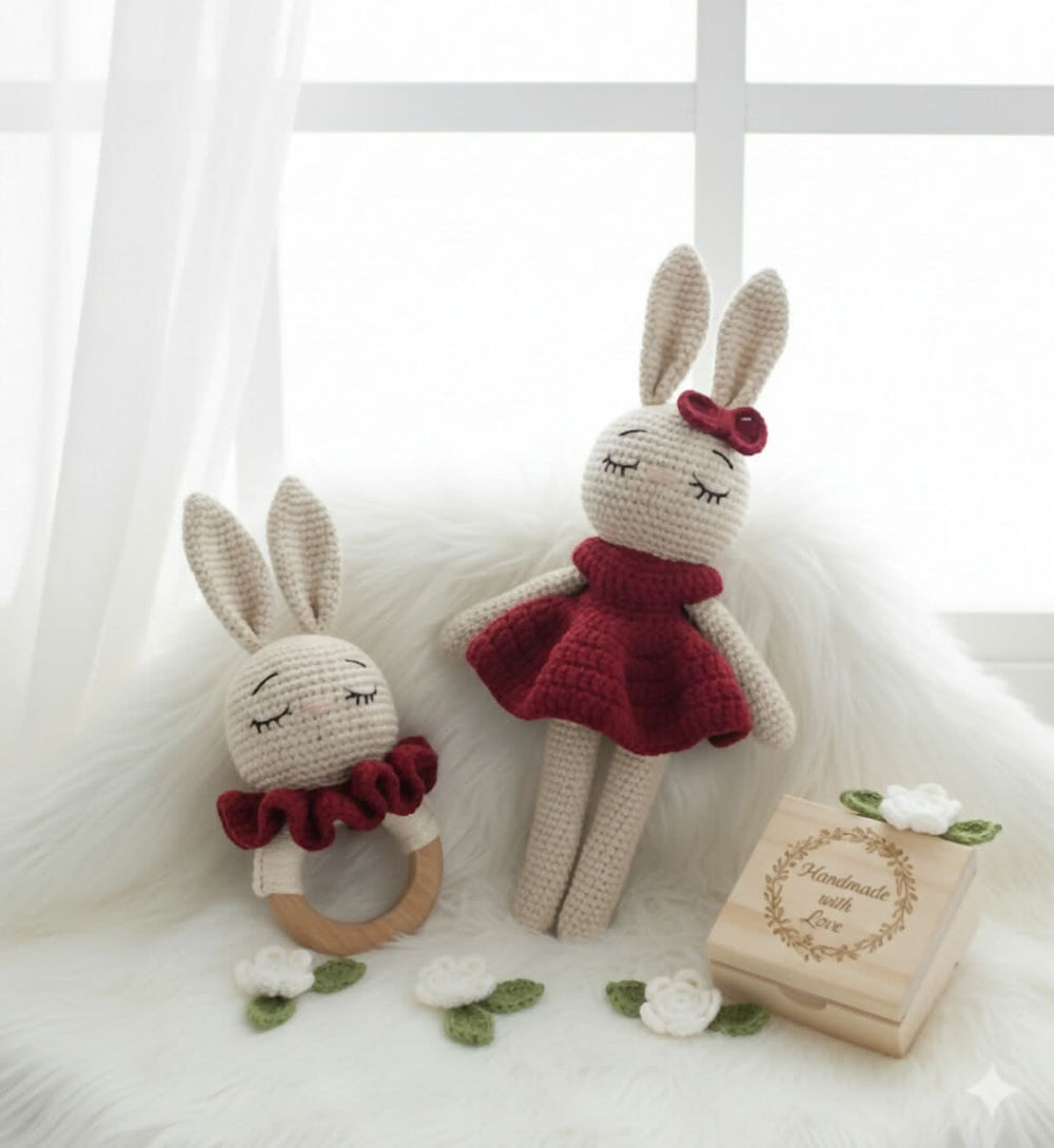 Crochet bunny and rattle set