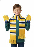 Child wearing a yellow and blue striped scarf with matching gloves 