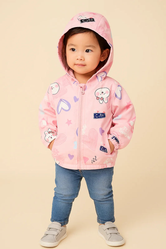 Child wearing a pink hoodie with cartoon designs 