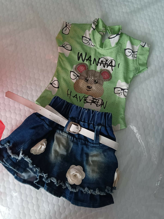 Buy trendy jeans skirt with printed tee for baby girls – comfortable and stylish everyday wear.