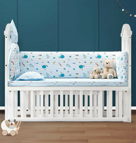 HUNY HUNY 15 in 1  Baby Cot/Crib - Night Light, Storage & Parents Bed Attachment – White