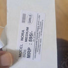 Product tag with model number, size, and price on a white background