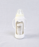 Giggles 210ml Glass Feeding Bottle with dual handles, BPA-free glass, soft silicone nipple, and ergonomic design for comfortable, safe, and easy feeding for babies learning to hold a bottle.
