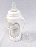 Giggles 210ml Glass Feeding Bottle with dual handles, BPA-free glass, soft silicone nipple, and ergonomic design for comfortable, safe, and easy feeding for babies learning to hold a bottle.