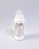 Giggles 210ml Glass Feeding Bottle with dual handles, BPA-free glass, soft silicone nipple, and ergonomic design for comfortable, safe, and easy feeding for babies learning to hold a bottle.