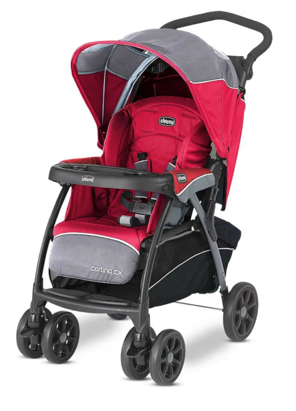 Red and gray stroller with black wheels on a white background