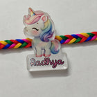 Personalized kids Rakhi featuring a custom name design, soft child-friendly materials, colorful embellishments, and a comfortable thread for celebrating Raksha Bandhan.