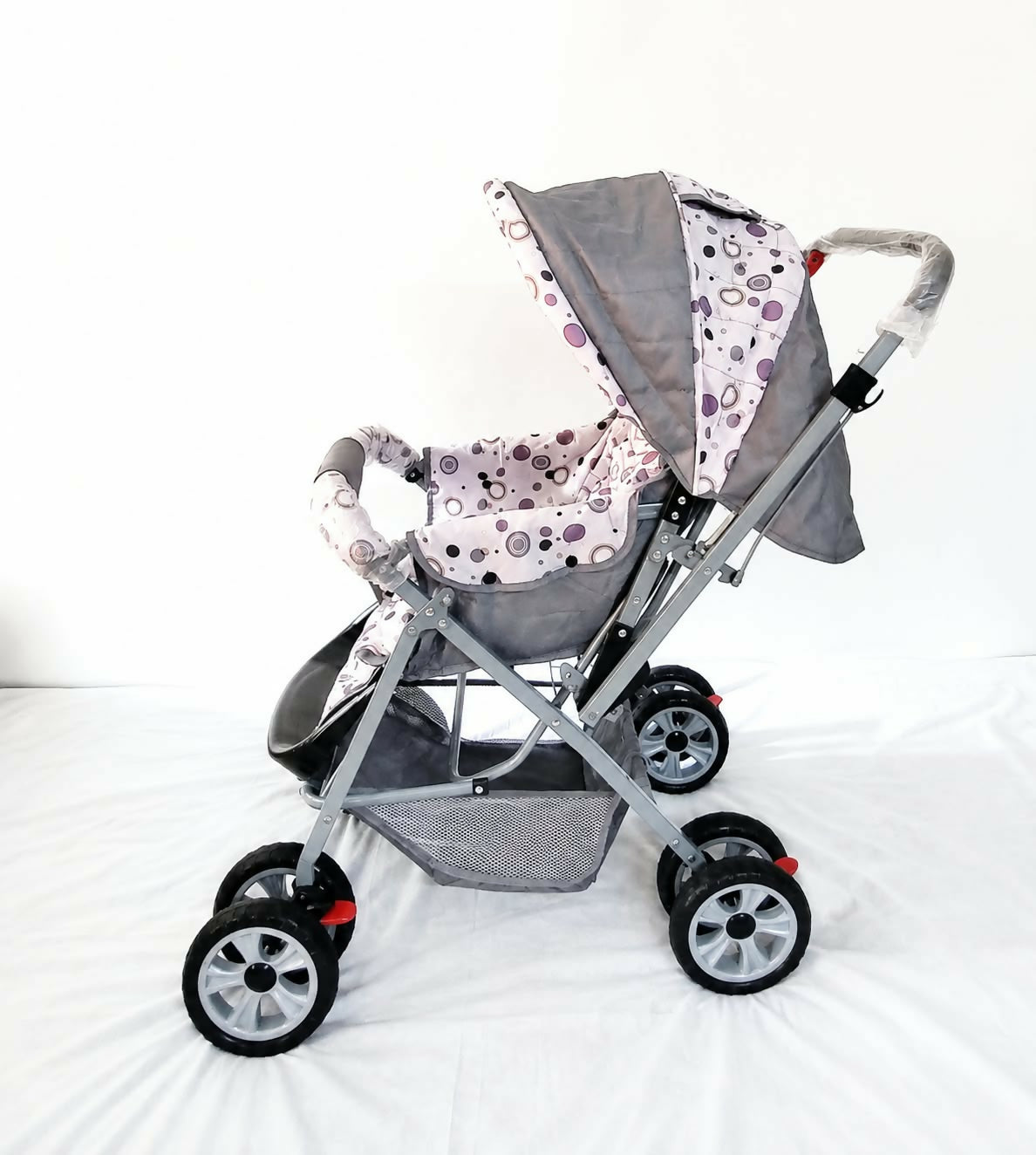HAPPY KID Baby Stroller/Pram in Grey, Pink & Purple, Almost New condition, featuring a reclining seat, protective canopy, comfortable seating, and foldable design for convenient everyday walks, travel, and outings.