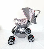 HAPPY KID Baby Stroller/Pram in Grey, Pink & Purple, Almost New condition, featuring a reclining seat, protective canopy, comfortable seating, and foldable design for convenient everyday walks, travel, and outings.