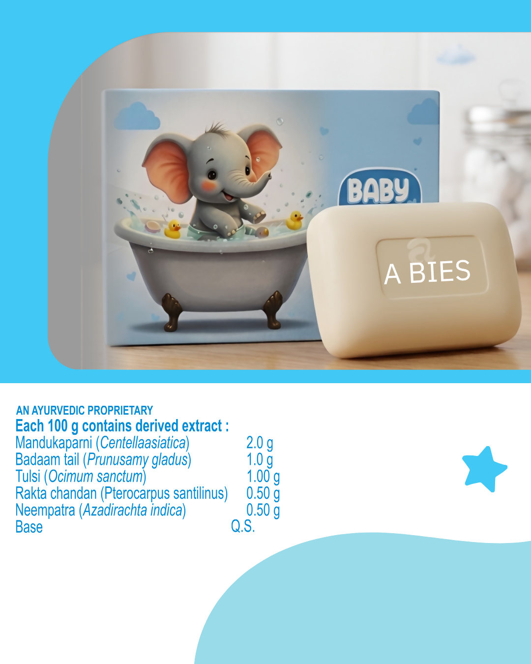 Abies Soft & Gentle Ayurvedic Baby Soap with Tulsi and Chandan, formulated for gentle everyday cleansing of delicate baby skin with traditional herbal ingredients
