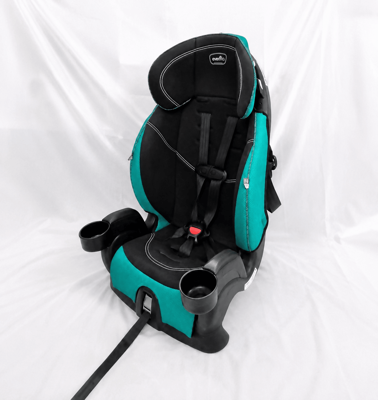 Evenflo Chase LX 2-in-1 harness booster car seat with high-back booster mode, 5-point safety harness, adjustable head support, side-impact protection, and cushioned seating for growing children.