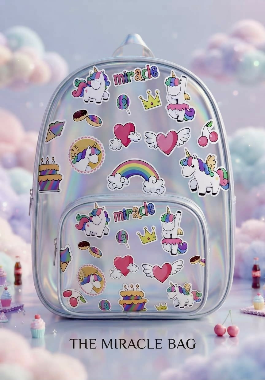 Holographic Backpack – 14 Inch featuring a shiny iridescent finish, spacious main compartment, adjustable shoulder straps, secure zip closure, and lightweight design for school, outings, travel, and everyday use.