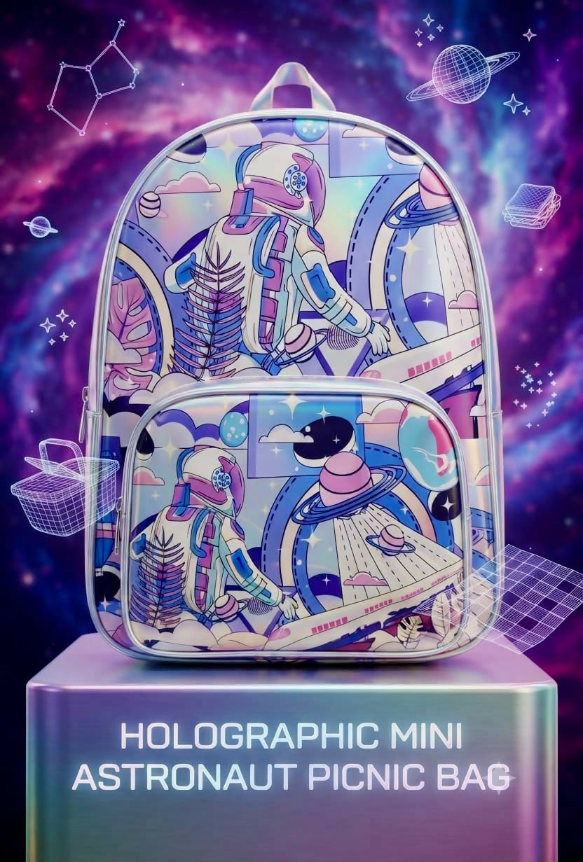 Holographic Backpack – 14 Inch featuring a shiny iridescent finish, spacious main compartment, adjustable shoulder straps, secure zip closure, and lightweight design for school, outings, travel, and everyday use.