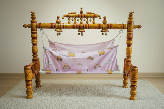 Wooden Balmukut Cradle With Cloth, Dimensions: 26W×40H in Inch - PyaraBaby