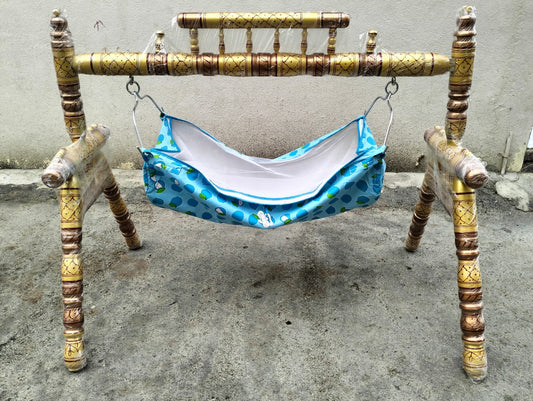 Teak Wood Cradle for Baby (Includes Cloth), Dimensions: L53×W32×H42 inches